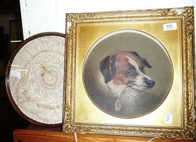 Lot 550 - Gilt framed oil study of a dog and a lace-work panel