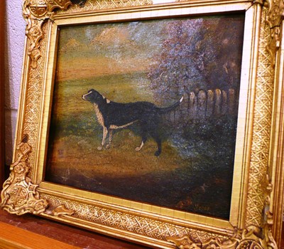 Lot 552 - Framed primitive oil of a dog on tin 'Robin' dated 183?