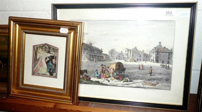 Lot 553 - Hand coloured engraving of Middleham Market Place 1819 and a coloured print of Cinderella