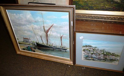 Lot 558 - A framed oil by Spencer Dixon of boats in a harbour and a picture of Jersey (2)