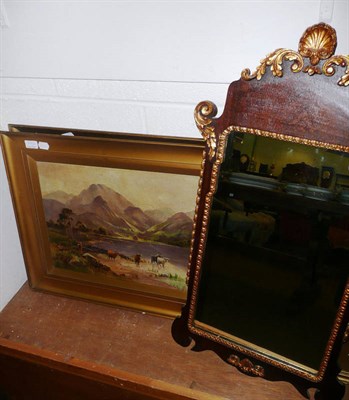 Lot 568 - Pair of oils of Highland loch scenes and an 18th century style parcel gilt mirror