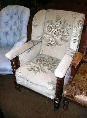 Lot 667 - Velvet upholstered armchair with oak barleytwist supports