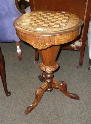 Lot 670 - Victorian walnut sewing table on tripod stand