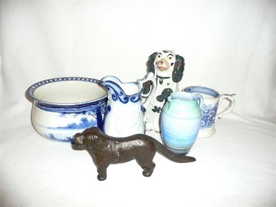 Lot 1 - Blue and white chamber pot, blue and white mug, Shelley jug, a Staffordshire spaniel, etc