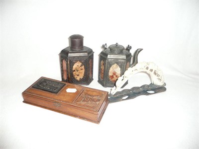 Lot 3 - Chinese caddy, teapot en suite, African carved glove box and carved ivory elephants