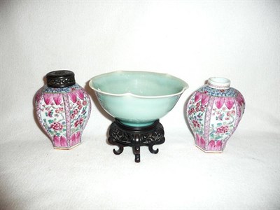 Lot 16 - A pair of Chinese famille rose hexagonal baluster vases and a Chinese celadon bowl and stand
