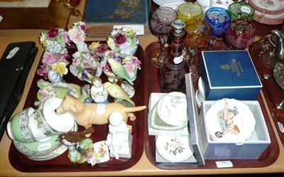Lot 33 - Two trays of decorative ceramics and glass including coloured hock glasses, grape vine red...