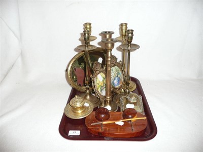 Lot 41 - Two brass inkwells, mirror, photograph frame, wooden inkwell and three pairs of brass candlesticks