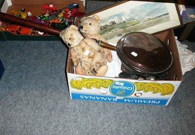 Lot 42 - Two teddy bears and another bear, baby's christening robe (3 items), a copper warming pan, a...