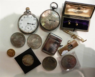 Lot 54 - A 9 carat gold cigar cutter, two silver pocket watches, silver vesta case and a quantity of...