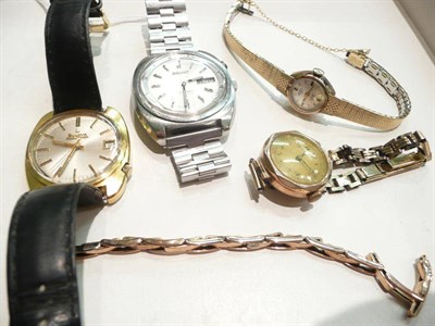 Lot 67 - A Bulova Accutron steel and gilt wristwatch, a steel and gilt lady's wristwatch, steel Seiko...