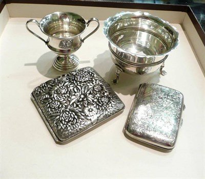 Lot 70 - Silver sugar bowl, small silver trophy cup, silver cigarette case and a Chinese silver coloured...