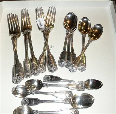 Lot 80 - Composite set of Victorian silver fiddle, thread and shell pattern flatware comprising six...
