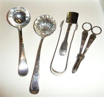 Lot 81 - Pair of Georgian silver sugar tongs, Georgian silver sifter spoon, Georgian silver sauce ladle,...