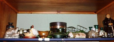 Lot 95 - Shelf of decorative ceramics, glass and ornamental items including a pair of silver...