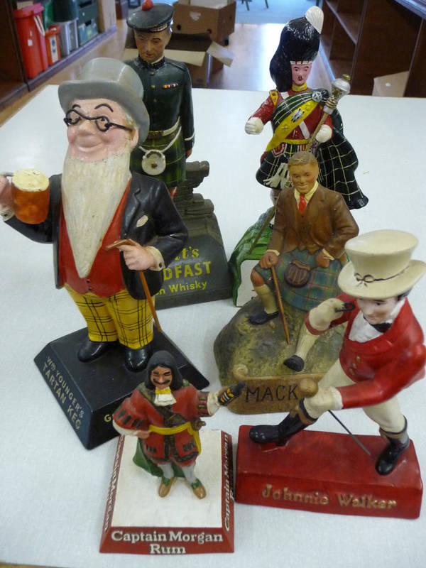 Lot 113 - Six composition advertising figures, Mackinlays, Captin Morgan Rum, Dewars Whisky, Grants,...