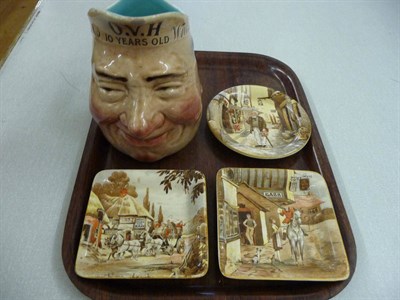 Lot 118 - Three Newhall china advertising dishes and a sarreguemines whisky jug