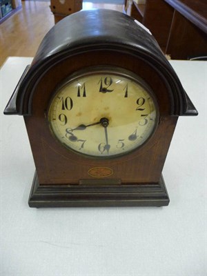 Lot 139 - Edwardian inlaid mahogany clock, quantity of plated flatware and ornaments