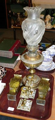 Lot 152 - Victorian brass oil lamp with frosted glass shade, pair of Chinese bronze vases and a pair of...