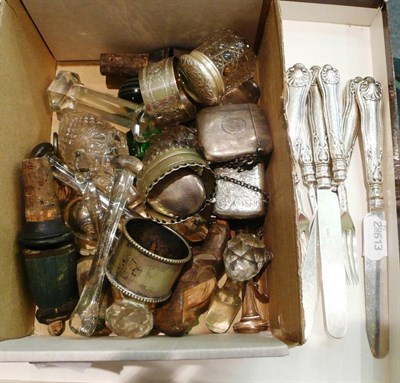 Lot 164 - Two vestas, two boxes, glass jar, quantity stoppers, four silver fruit knives and forks etc