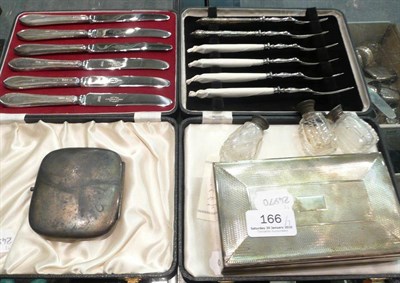 Lot 166 - Two cased sets of silver handled flatware, silver cigarette box, three small glass condiments and a