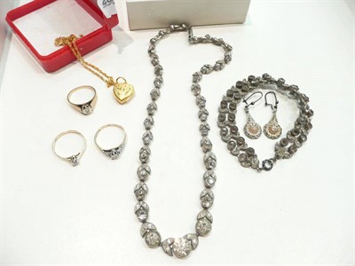Lot 185 - Three gold and diamond rings, locket, necklace, bracelet and earrings