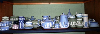 Lot 197 - A collection of Wedgwood blue and green Jasperware including pin trays, candlesticks, vases,...