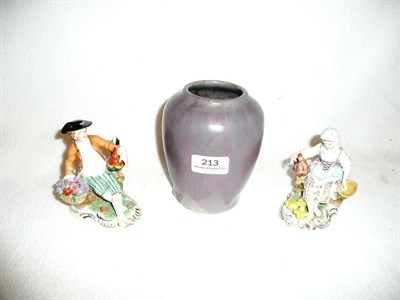 Lot 213 - A pair of Dresden figures and an Upchurch pottery vase