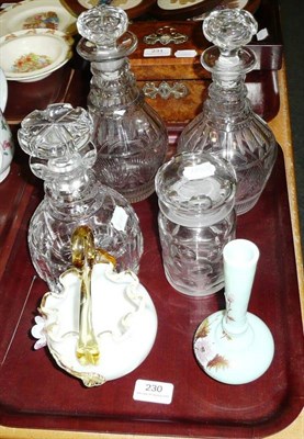 Lot 230 - Three cut glass decanters, glass pickle jar, Victorian glass basket and a Victorian glass posy vase