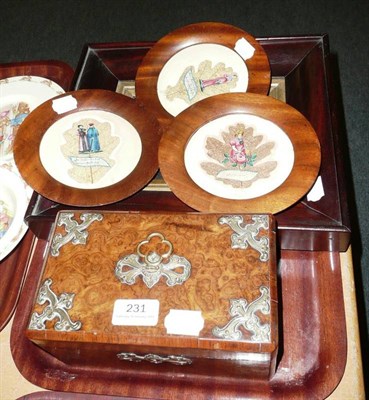 Lot 231 - Walnut tea caddy, three leaf pictures and an oil of two men