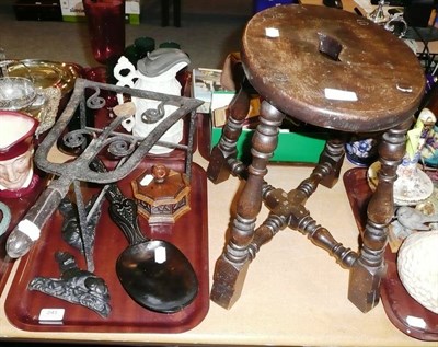 Lot 241 - Stool, footman, spoon, tobacco box and a pair of hearth ornaments