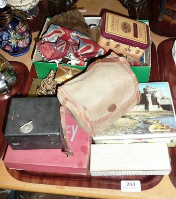 Lot 243 - A tray of collectables including pens, cameras, pen knives, stamps, Wembley game etc