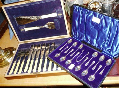 Lot 248 - A cased set of twelve silver teaspoons and sugar tongs and a cased set of plated fish knives, forks