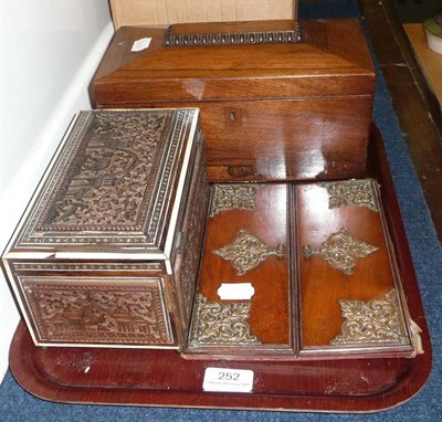 Lot 252 - Rosewood tea caddy, Indian tea caddy and a walnut photograph frame