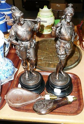 Lot 256 - Pair of bronzed figures and two shot flasks