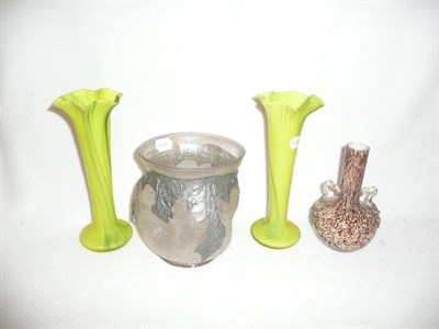 Lot 260 - A pair of green and yellow glass posy vases, continental crackle vase with pewter mounts and...