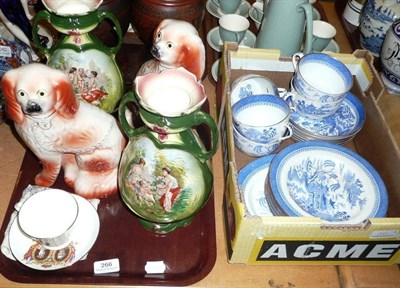 Lot 266 - Pair of Staffordshire spaniel dogs, blue and white tea wares, pair of vases, etc