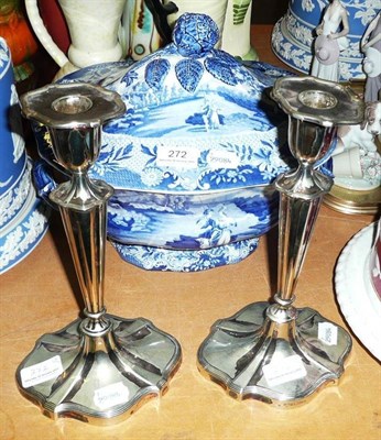 Lot 272 - Brameld blue and white large tureen and cover and a pair of silver plated candlesticks