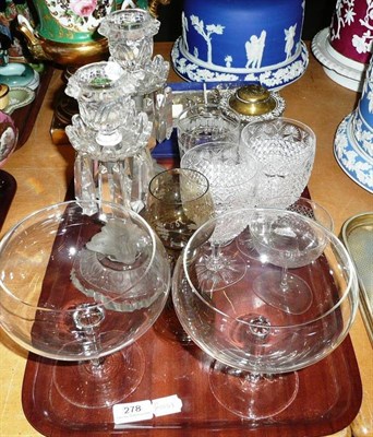 Lot 278 - A tray of glass including a pair of dolphin moulded candle lustres, a cut glass tankard with...