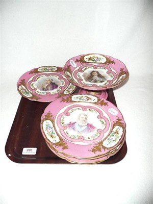 Lot 281 - A Sevres style porcelain six piece dessert service painted with portraits, on pink and gilt grounds