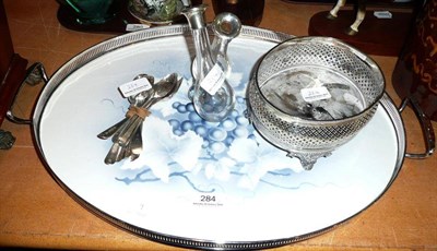 Lot 284 - Silver teaspoons, double oil and vinegar bottle with silver collars, cruet stand and a blue and...