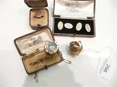 Lot 298 - Seven assorted rings, a signet ring (a.f.), a picture brooch, two bar brooches and a pair of...