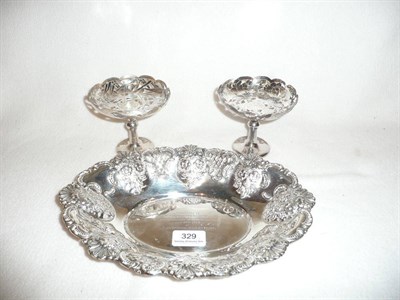 Lot 329 - Pair of Chinese pedestal tazzas and a pierced and repousse oval dish