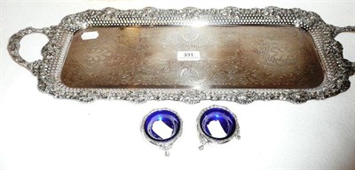 Lot 331 - Pair of silver salts and a plated tray