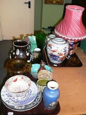 Lot 340 - Three trays including 19th century ceramics, Measham Ware teapot (a.f.) and Oriental ceramics...