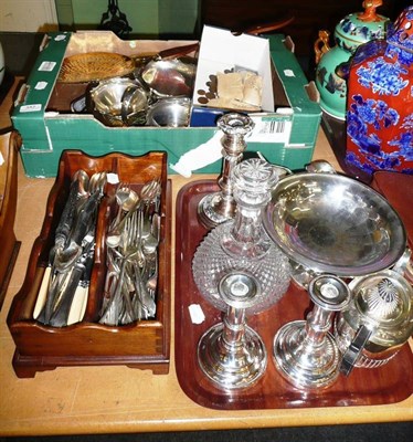 Lot 342 - Two trays, a cutlery box and a cardboard box including a quantity of silver plated flatware,...