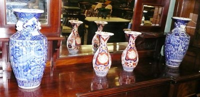 Lot 344 - Pair of 19th century blue and white vases and a pair of Imari vases