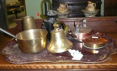 Lot 357 - Pontypool-type Victorian tin tray, lamp and metalwares