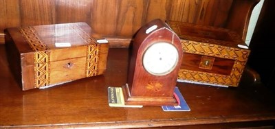 Lot 361 - Two parquetry work boxes and a mantel clock