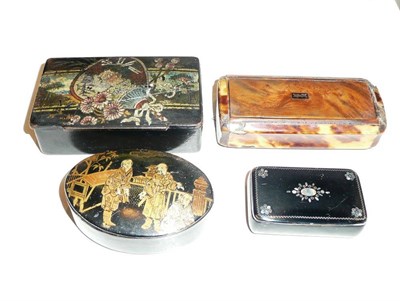 Lot 365 - Tortoiseshell snuff box and three other papier mache snuff boxes